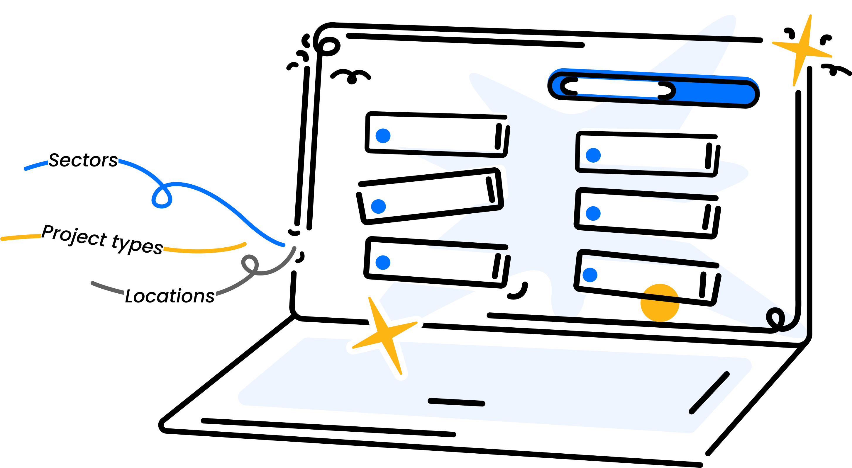 laptop showing filters for sectors, project types and locations